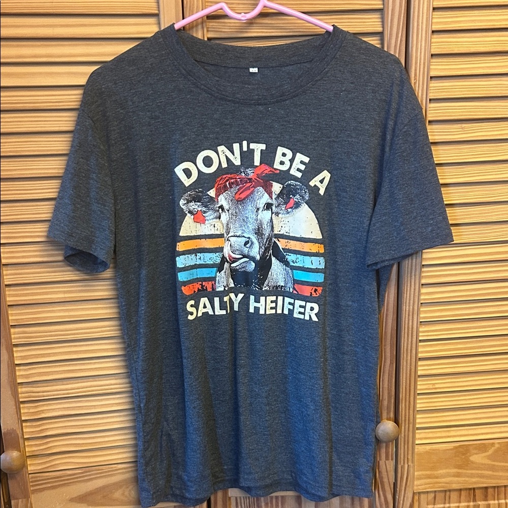 Gray Graphic Tee with Cow Print